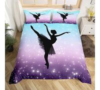 Homewish Housse de Couette Décor Ballet, Parure de Lit 140x200 Sarcelle Pourpre Dégradé, Ensemble de Literie Ballerina Dansante, Couvre Lit Paillettes Étoiles de l'espace, 1 Taie d'oreiller