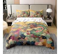 Homewish Housse de Couette Dragon Coton Parure de Lit 220x240 Garçons Filles Style Asiatique Vintage Couvre Lit Montagne Mer Océan Literie Sets Abstrait Nuageux Animaux Mythiques Traditionnels