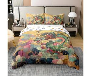 Homewish Housse de Couette Dragon Coton Parure de Lit 220x240 Garçons Filles Style Asiatique Vintage Couvre Lit Montagne Mer Océan Literie Sets Abstrait Nuageux Animaux Mythiques Traditionnels