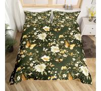 Homewish Housse de Couette Enfant 140x200 Fleur et Papillon,Parure de Lit Floral Vert Foncé,Sets de Housses de Couettes Feuilles de Fleurs de Boho,Couvre Lit Cottage Core Country