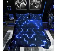 Homewish Housse de Couette Enfant 140x200 Garcon Nid d'abeille Bleu Noir, Parure de Lit 1 Personne Géométrique Néon, Sets de Housses de Couettes Hexagonal, avec 1 Taie d'oreiller 65x65 cm
