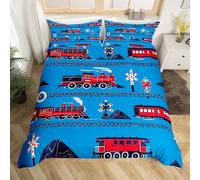 Homewish Housse de Couette Enfant 140x200 Train, Parure de Lit Enfant Carnet de Dessins Animés, Sets de Housses de Couettes Trafic Transport Voie, Couvre Lit Moteur À Vapeur Rouge et Bleu