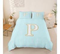 Homewish Housse de Couette Enfant 140x200 Trendy Light Cyan Rayé,Parure de Lit Monogrammé Initial P,Sets de Housses de Couettes Rayures Abstraites Mignonnes Minimalisme Féminin Abstrait Moderne