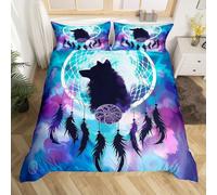 Homewish Housse de Couette Enfant 200x200 avec 2 Taies d'oreiller, Parure de Lit Adulte Loup 3D, Sets de Housses de Couettes Attrape-Rêve Boho Loup, Couvre Lit Galaxie Attrape-Rêves Tribale