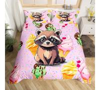 Homewish Housse de Couette Enfant 200x200 Raton Laveur Mignon Parure de Lit Graffiti Coloré Crème Aquarelle Sets de Housses de Couettes Animaux Sauvages drôles Couvre Lit Donut et Glace Imprimés