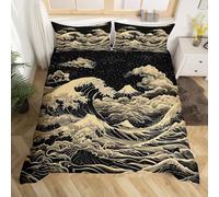 Homewish Housse de Couette Enfant 220x240 Style Japonais, Parure de Lit Mont Fuji, Sets de Housses de Couettes Adultes Adolescents Océan Grandes Vagues Art, Couvre Lit Noir Golden Glitter Stars