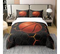 Homewish Housse de Couette Enfant Basketball, Parure de Lit 140x200 Géométrique Nid d'abeille en Coton, Ensemble de Literie Hexagone Dégradé, Couvre-Lit Jeux Sportifs, Orange Noir