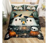 Homewish Housse de Couette Enfant Cartoon Ghost, Parure de Lit 240 x 260 Noir Witch Hat Silhouette Gothic, Sets de Housses de Couettes Halloween Décor Daisy Flowers, Couvre Lit Lanterne de Citrouille