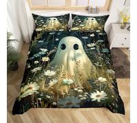 Homewish Housse de Couette Enfant Fantôme d'halloween de Dessin Animé,Parure de Lit 240 x 260 Fantôme d'halloween Mignon,Couvre Lit Marguerites Blanches Jaunes Garçons Filles Impressions Florales