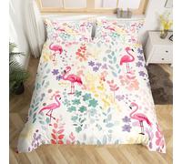 Homewish Housse de Couette Enfant Flamant Rose Kawaii, Parure de Lit 140x200 Fille Imprimée Flamant Mignon, Sets de Housses de Couettes Floral Aquarelle, Couvre Lit Animaux Sauvages