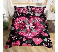 Homewish Housse de Couette Enfant Lettre Initiale C Alphabet Bowknot,Parure de Lit 140x200 Love Hearts Glitter Leopard Impression,Sets de Housses de Couettes Arc Valentine Noir Rose FilEnfants