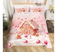 Homewish Housse de Couette Enfant Maison de Pain D'Épicerie, Parure de Lit 220x240 Pain D'Épicerie de Noël, Sets de Housses de Couettes Fêtes Festives Roses, Couvre Lit Décor de Noël Vintage