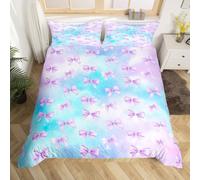 Homewish Housse de Couette Enfant Mignon Bow, Parure de Lit 220x240 Violet Bowknot, Sets de Housses de Couettes Dreamy Coquette, Couvre Lit Rose Blue Rainbow Print