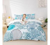 Homewish Housse de Couette Enfant Monde sous-Marin de Dessin Animé,Parure de Lit 140x200 Animaux de Mer,Sets de Housses de Couettes Thème Océan de Mer,Couvre Lit Esquisses de Vie Océanique Turquoise