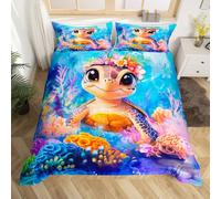 Homewish Housse de Couette Enfant Tortue de Mer, Parure de Lit 220x240 Imprimé Corail Coloré, Sets de Housses de Couettes Tortue Kawaii, Couvre Lit Thème Océan sous-Marin