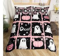Homewish Housse de Couette Fantôme Gothique, Parure de Lit 240 x 260 Enfant Halloween, Sets de Housses de Couettes Chapeau Sorcière Lanterne de Citrouille, Couvre Lit Esthétique Rose Clair