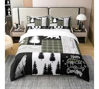 Homewish Housse de Couette Ferme Rustique Coton 240x260, Parure de Lit Loup de l'ours, Ensemble de Literie Buffalo Grid, Housse Couette Rayée Noir Blanc Gris, Décoration de Chambre, Doux
