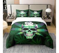 Homewish Housse de Couette Feuilles de Cannabis 140x200 - Parure de Lit 2 Pièces Crâne de Sucre pour Enfants Adultes - Ensemble de Literie Feuilles de Marijuana Vert - Literie en Coton