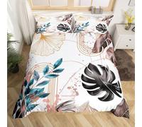 Homewish Housse de Couette Feuilles de Palmier,Parure de Lit Enfant 200x200 Au Milieu Du Siècle,Sets de Housses de Couettes Minimaliste Abstrait Rayé Feuille de Ginkgo Botanique Tropicale,Or Noir Bleu