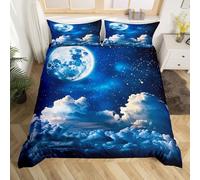 Homewish Housse de Couette Galaxie Lune avec 2 Taies d'oreiller, Parure de Lit 240 x 260 Adulte Bleu Nuit Ciel Étoilé, Sets de Housses de Couettes Art de La Nature, Couvre Lit Nuages Blancs