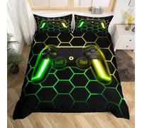 Homewish Housse de Couette Gaming 140x200 pour Garçons, Housse de Couette Gamer avec Imprimé Nid d'abeille Pailleté, Parure de Lit Console de Jeu Neon Light, Décor Nid d'abeille Géométrique