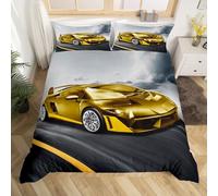 Homewish Housse de Couette Garçon 240 x 260 cm avec 2 Taies d'oreiller, Parure de Lit Voiture de Course Sets de Housses de Couettes Voiture de Sport Extrême, Couvre Lit Voiture de Sport Jaune Gris