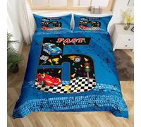 Homewish Housse de Couette Garçons Voiture de Course,Parure de Lit Enfant 240 x 260 Voiture de Course,Sets de Housses de Couettes Aquarelle Numéro 5 Piste Sports,Couvre Lit Plaid Drapeau de Course