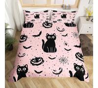 Homewish Housse de Couette Halloween Chat Noir Mignon, Parure de Lit 240 x 260 Enfant Lanterne de Citrouille Dessinée, Sets de Housses de Couettes Araignée de Chauve-Souris, Couvre Lit Visage Fantôme