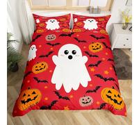 Homewish Housse de Couette Halloween Ghost,Parure de Lit 140x200 Enfant Chauves-Souris Halloween Decoration Kawaii,Couvre Lit Lanterne de Citrouille Gothique Horror Bat Dark Shadows,Rouge