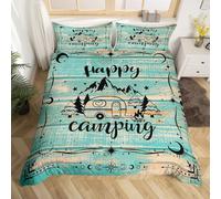 Homewish Housse de Couette Happy Camping 140x200 cm avec 1 Taie d'oreiller, Parure de Lit Camping-Car Rustique pour Garçons Filles, Couvre Lit Accessoires pour Caravanes Vert, sans Couette