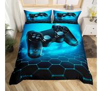 Homewish Housse de Couette Jeux Vidéo 240 x 260,Sets de Housses de Couettes Gamer pour Enfant Garçon,Housse Couette Gaming Parure de Lit Gamepad Bleu Noir Nid d'abeille Décoration de Chambre