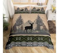 Homewish Housse de Couette La Chasse Au Cerf,Parure de Lit 240 x 260 Enfant Vintage Western,Couvre Lit Vert Foncé Noir Géométrique Tribal Exotique Filles Garçons Adultes Animaux Sauvages Silhouette