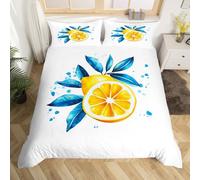 Homewish Housse de Couette Lemon Jaune,Parure de Lit 200x200 Enfant Plantes D'Été À L'Encre de Chine,Sets de Housses de Couettes Blanc Jaune Bleu,Couvre Lit pour Enfants Garçons Filles Ferme Rustique