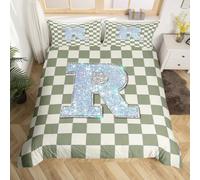 Homewish Housse de Couette Lettre Initiale R,Parure de Lit Enfant 200x200 Grilles À Plaque Verte,Sets de Housses de Couettes Chequered,Couvre Lit Enfants Garçons Filles Grille Motif
