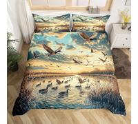 Homewish Housse de Couette Lever du Soleil,Parure de Lit 220x240 Enfant Canards Sauvages,Couvre Lit Hommes Femmes Roseaux Rivière Volant Mallards Nuages Arbres Animaux Imprimer Paysage