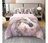 Homewish Housse de Couette Licorne Coton Parure de Lit 140x200 Cheval Couvre Lit Enfants Filles Femmes Papillon Esthétique Ombre Blanc Rose Clair Sets de Housses de Couettes Doux Confortable