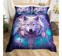 Homewish Housse de Couette Loup 140x200 cm avec 1 Taie d'oreiller, Parure de Lit Plume Attrape-Rêves Bohème, Sets de Housses de Couettes Animaux Exotiques Tribaux, Couvre Lit Animaux Indigène