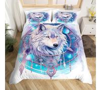 Homewish Housse de Couette Loup Attrape-Rêves, Parure de Lit 140x200 Adulte Plume Boho Chic, Sets de Housses de Couettes Loup Blanc pour Femmes Hommes Adultes, Couvre Lit Animal Sauvage 3D