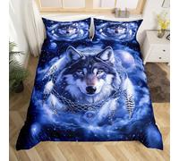 Homewish Housse de Couette Loup Bohème, Parure de Lit 140x200 Enfant Attrape-Rêves Tribal, Sets de Housses de Couettes Attrape-Rêves Bohème, Couvre Lit Imprimé Galaxie Mystère