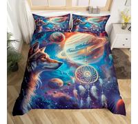 Homewish Housse de Couette Loup Boho 140x200 Enfant, Parure de Lit Adulte Attrape-Rêves Étoiles de Lune, Sets de Housses de Couettes Galaxie Horoscope Céleste, Couvre Lit Animaux Sauvages