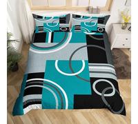 Homewish Housse de Couette Moderne Turquoise, Parure de Lit 220x240 Cercles Géométriques Gird, Ensemble de Literie Noir Gris pour Garçons Filles Enfants Ados Adultes, Literie Moderne À Texture