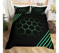 Homewish Housse de Couette Nid d'abeille, Housse Couette 220x240 Géométrique Hexagonal Noir Vert, Ensembles de Literie Gamer pour Garçons Filles Enfants, Parure de Lit Rayé Néon, 2 Taies d'oreiller