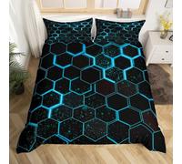 Homewish Housse de Couette Nid d'abeille Noir Sarcelle Parure de Lit 220x240 Ado Adulte Hexagonale Néon, Sets de Housses de Couettes Géométrique Ruche, Couvre Lit Abstrait Géométrie Moderne