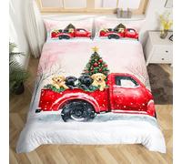 Homewish Housse de Couette Noël,Parure de Lit 220x240 Enfant Camion d'hiver de Ferme,Sets de Housses de Couettes Chien de Dessin Animé Mignon,Couvre Lit Garçons Filles Joyeuse Voiture Rustique Noël