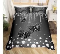 Homewish Housse de Couette Papillon Noir,Parure de Lit Enfant 220x240 Impression de Glitter de Diamant d'argent,Couvre Lit Papillons Volants Faune Adolescents Adultes Noir Moderne Simple