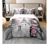 Homewish Housse de Couette Paris, Parure de Lit 200x200 en Coton, Ensemble de Literie Tour Eiffel Rose et Gris, pour Filles, Housse Couette Fleur de Cerisier Aquarelle, Couvre Lit Romantique Rétro