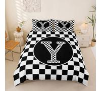 Homewish Housse de Couette Plaide Initiale Y,Parure de Lit Enfant 200x200 Noir Blanc Géométrique À Échecs,Sets de Housses de Couettes Grilles de Course Monogramme,Couvre Lit Garçons Filles Mode Preppy