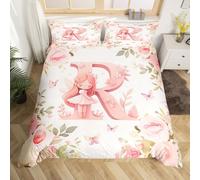 Homewish Housse de Couette Princesse Lettre Initiale R, Parure de Lit Enfant 220x240 Jardin de Fées Rêveux, Sets de Housses de Couettes Mignon Rose Floral, Couvre Lit Papillons Romantiques Roses