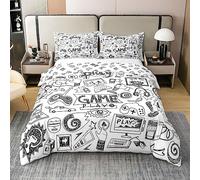 Homewish Housse de Couette Réversible Coton Enfants, Parure de Lit 220x240 Jeux Vidéo, Ensemble de Literie pour Manettes de Jeux, Housse Couette Graffiti Hip-Hop, Couvre Lit Noir Blanc