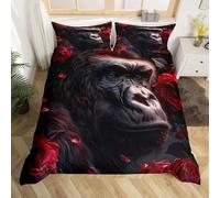 Homewish Housse de Couette Singe 220x240 avec 2 Taies d'oreiller, Parure de Lit Gorille Noir pour Ado Fille, Sets de Housses de Couettes Chimpanzé Rose Rouge, Couvre Lit Animaux Sauvages